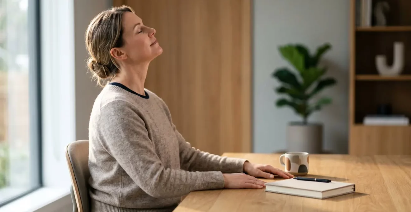 Personne pratiquant un etirement cervical doux en position assise ergonomique au bureau