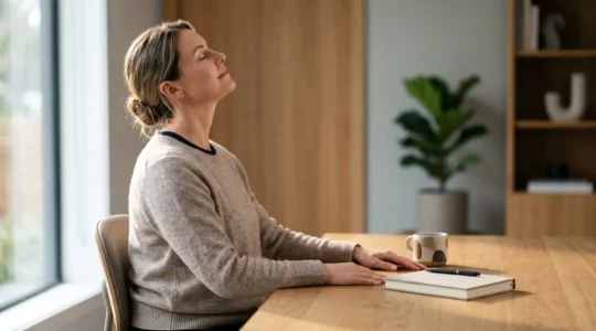 Personne pratiquant un etirement cervical doux en position assise ergonomique au bureau