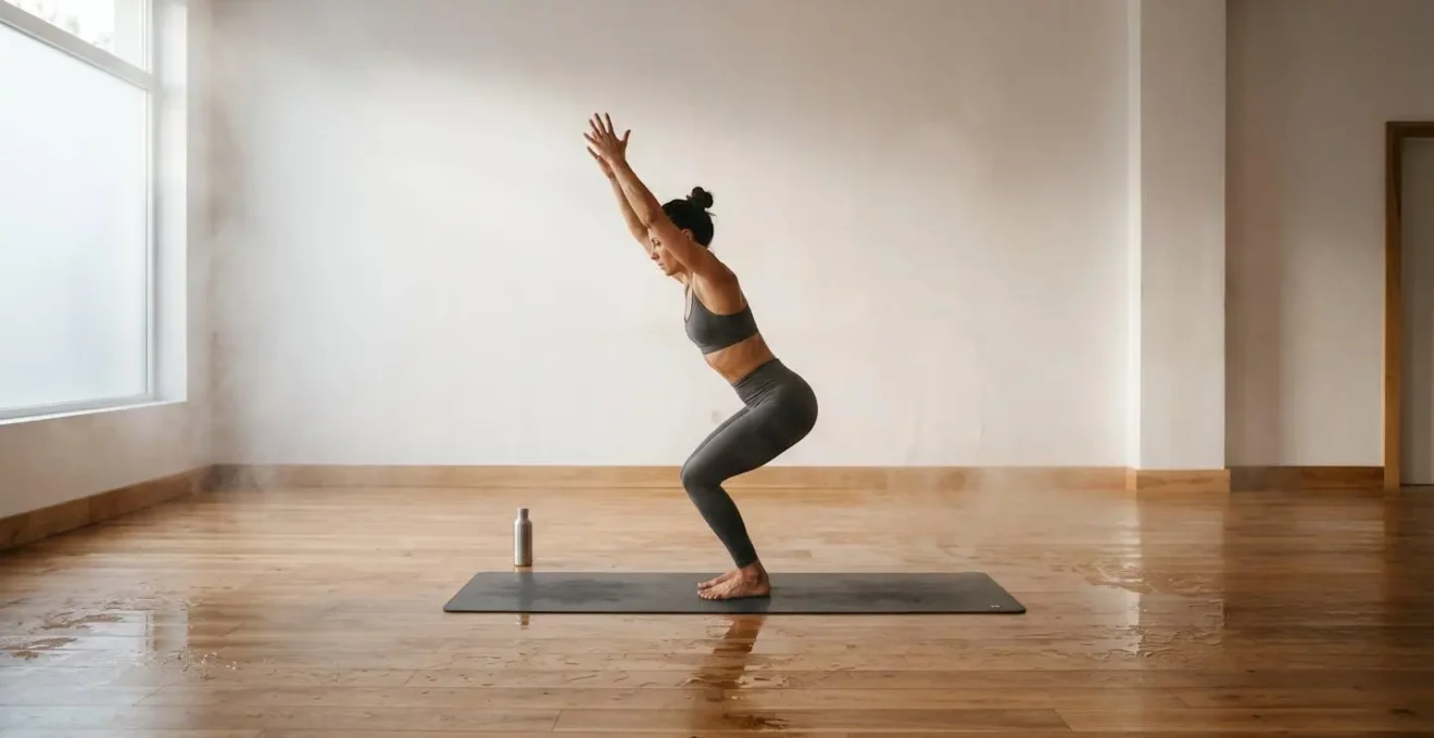 Pratiquante de yoga dans une salle chauffée à 40 degrés lors d'une séance de Bikram yoga