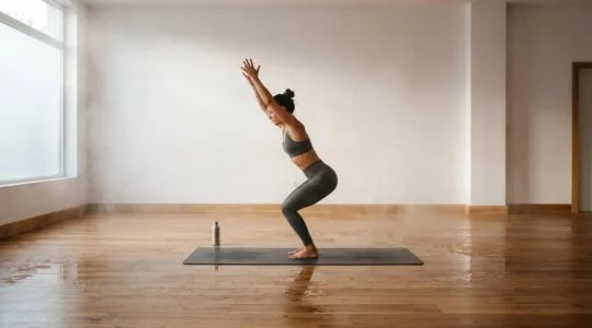 Pratiquante de yoga dans une salle chauffée à 40 degrés lors d'une séance de Bikram yoga