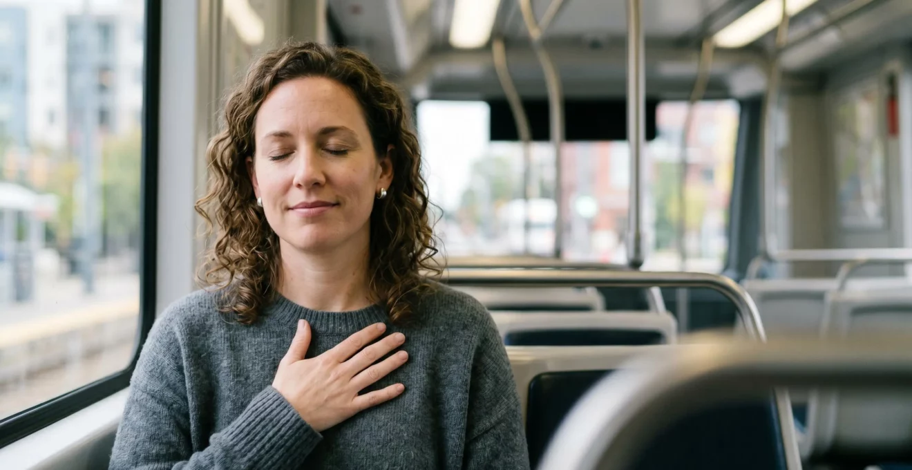 Personne pratiquant la respiration consciente dans un environnement urbain apaisant