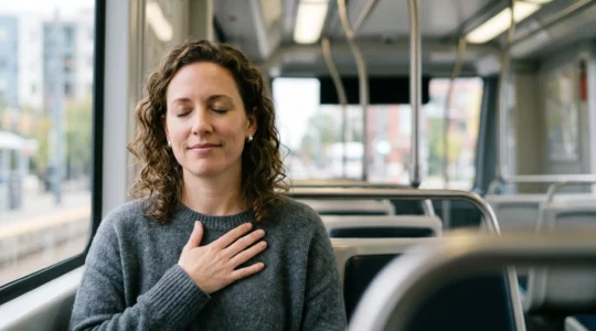 Personne pratiquant la respiration consciente dans un environnement urbain apaisant