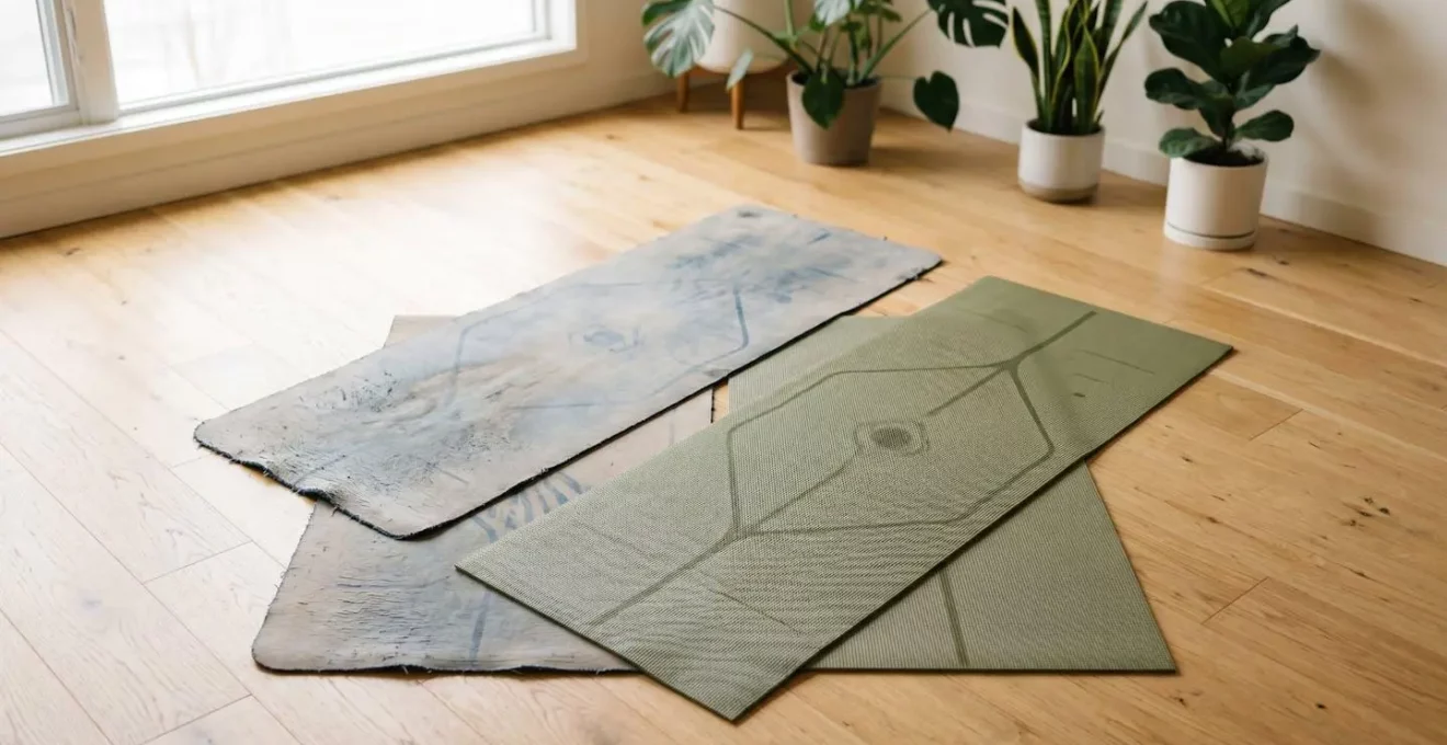Vue d'ensemble de deux tapis de yoga côte à côte sur un plancher en bois naturel, illustrant la différence de qualité et de matériaux