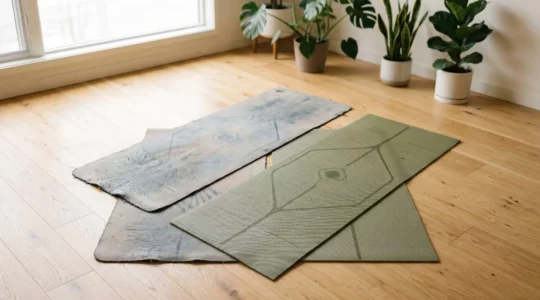 Vue d'ensemble de deux tapis de yoga côte à côte sur un plancher en bois naturel, illustrant la différence de qualité et de matériaux