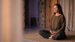 Personne en posture de méditation dans un espace épuré illustrant la pratique du yoga Kundalini avec symbolisme énergétique