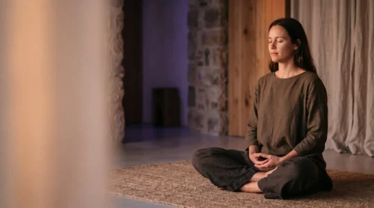 Personne en posture de méditation dans un espace épuré illustrant la pratique du yoga Kundalini avec symbolisme énergétique