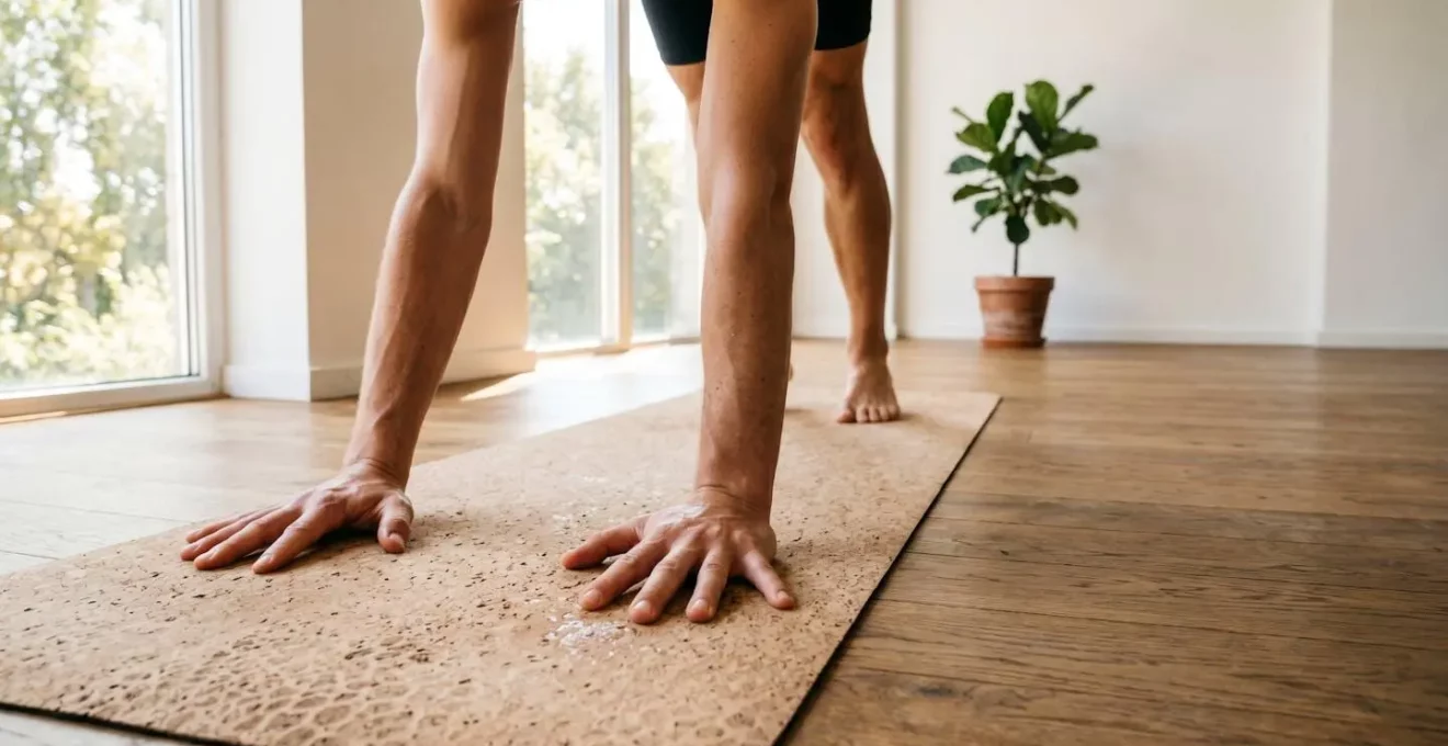 Mains d'un pratiquant de yoga sur un tapis en liège naturel, avec gouttes de transpiration illustrant la problématique de l'adhérence en été