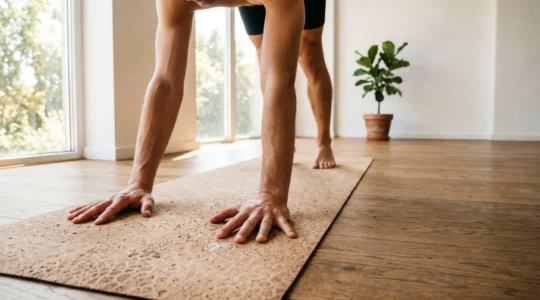 Mains d'un pratiquant de yoga sur un tapis en liège naturel, avec gouttes de transpiration illustrant la problématique de l'adhérence en été