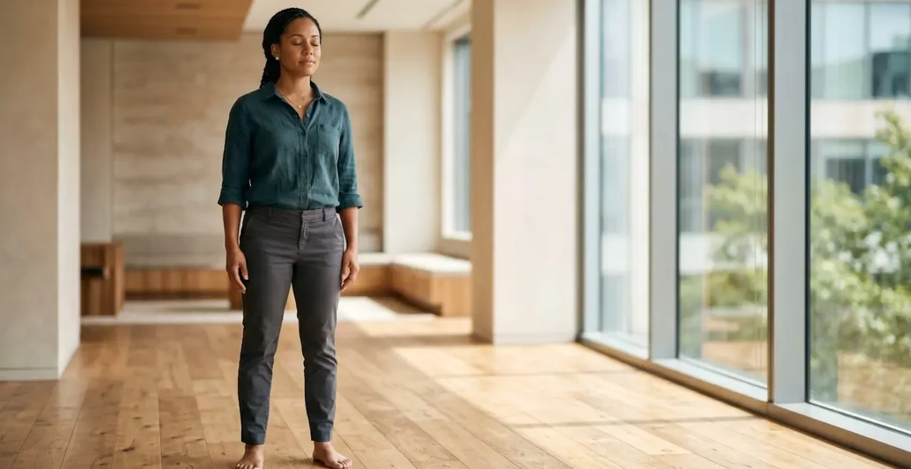 Professionnel pratiquant une posture de yoga dans un environnement de travail apaisant pour prévenir le burnout