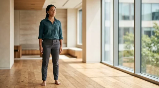 Professionnel pratiquant une posture de yoga dans un environnement de travail apaisant pour prévenir le burnout