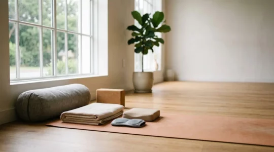 Pratique du yoga avec supports de protection pour les genoux sur tapis