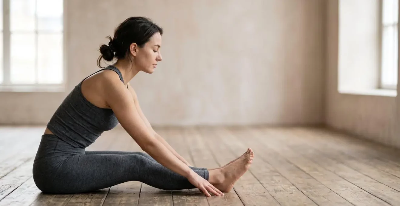 Personne pratiquant un étirement profond en flexion avant pour toucher ses orteils dans une ambiance lumineuse et apaisante