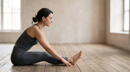 Personne pratiquant un étirement profond en flexion avant pour toucher ses orteils dans une ambiance lumineuse et apaisante