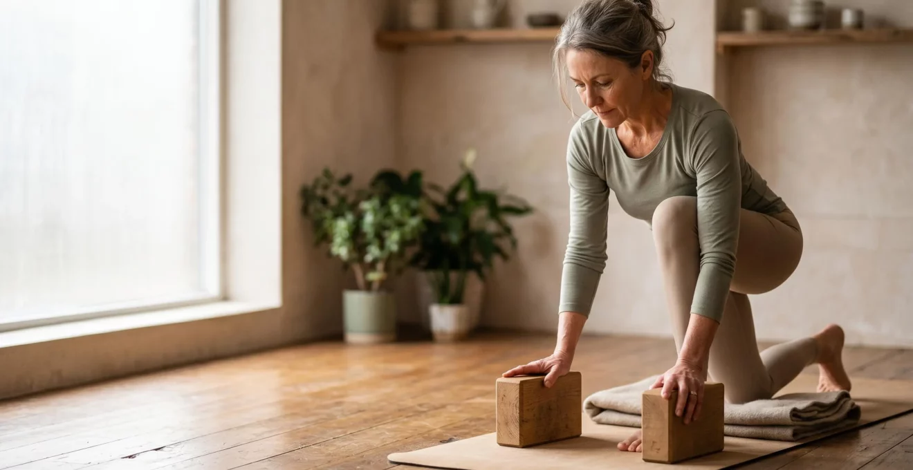 Personne pratiquant des mouvements de yoga doux et adapté pour la rééducation du genou après une opération
