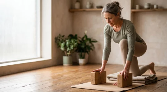 Personne pratiquant des mouvements de yoga doux et adapté pour la rééducation du genou après une opération
