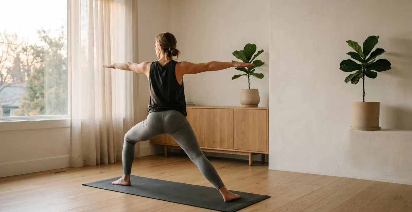 Séance de yoga matinale à domicile dans un espace minimaliste baigné de lumière naturelle