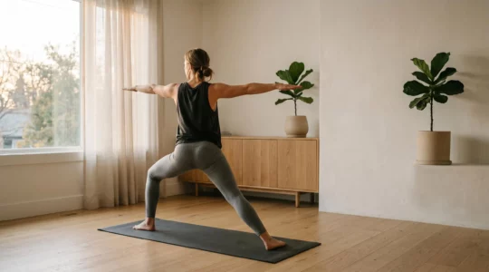 Séance de yoga matinale à domicile dans un espace minimaliste baigné de lumière naturelle