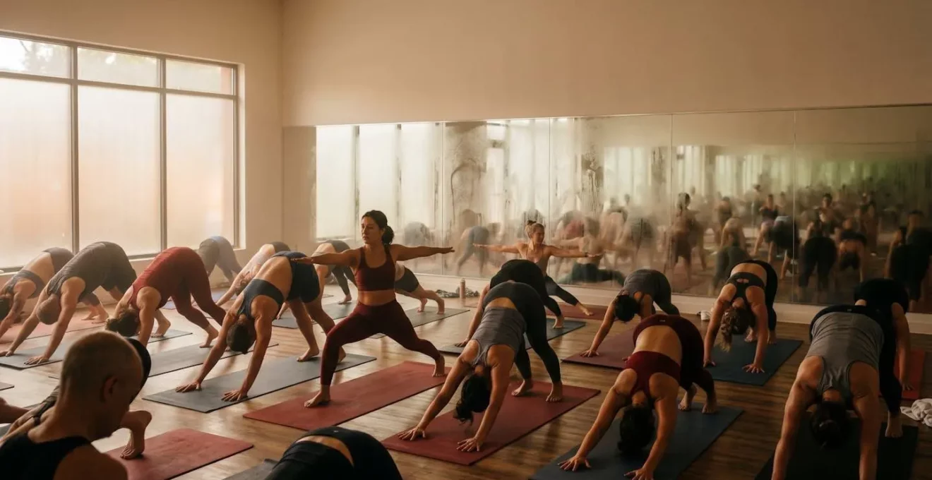 Intérieur d'un studio de Hot Yoga rempli de pratiquants dans une atmosphère chaude et humide
