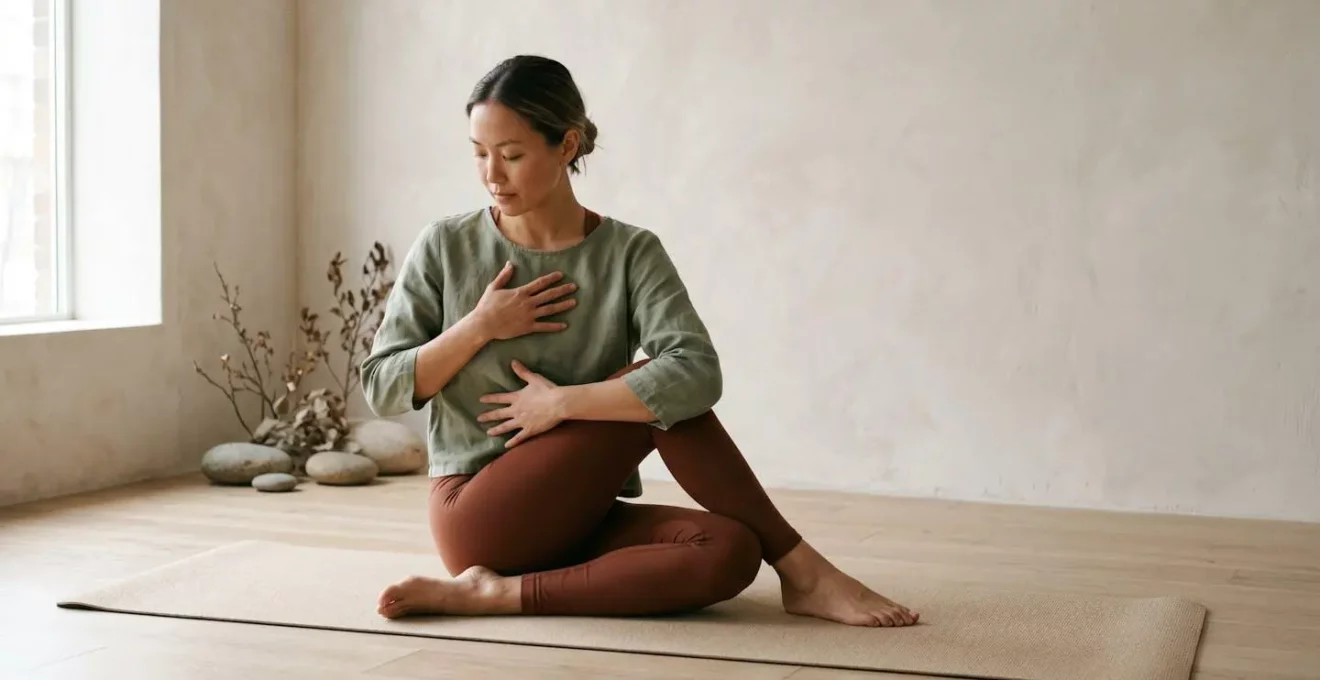 Personne pratiquant une posture de yoga dans un environnement apaisant, symbolisant l'équilibre entre pratique physique et santé digestive