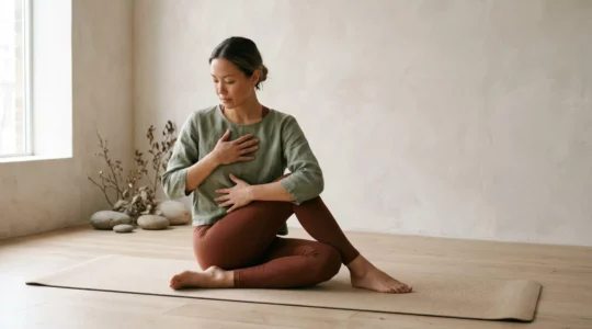 Personne pratiquant une posture de yoga dans un environnement apaisant, symbolisant l'équilibre entre pratique physique et santé digestive
