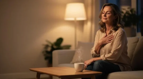 Femme apaisée en soirée choisissant une tisane plutôt qu'une pâtisserie, illustrant l'hypnose contre les compulsions sucrées du soir