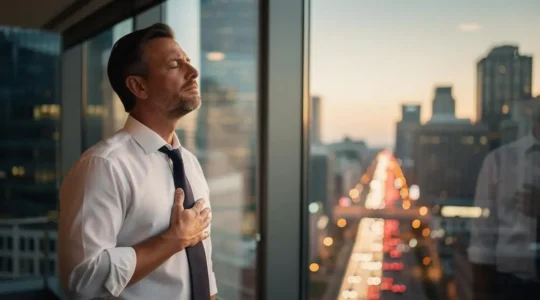Un cadre quarantenaire en costume se tient immobile près d'une fenêtre de bureau, les yeux fermés, dans un moment de pleine conscience contrastant avec l'agitation urbaine floue en arrière-plan.