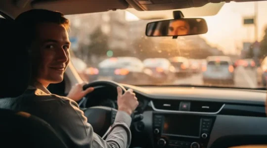 Conducteur serein aux mains détendues sur le volant pendant un embouteillage au coucher du soleil