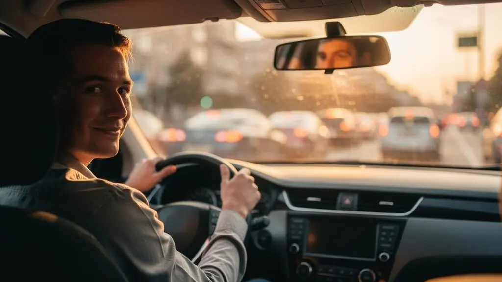 Conducteur serein aux mains détendues sur le volant pendant un embouteillage au coucher du soleil