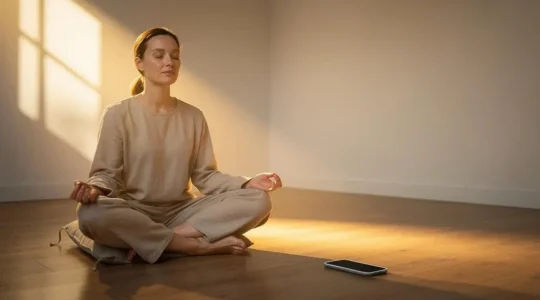 Une personne assise en tailleur dans une lumière douce, tenant un smartphone face cachée, symbolisant le choix entre deux chemins de méditation