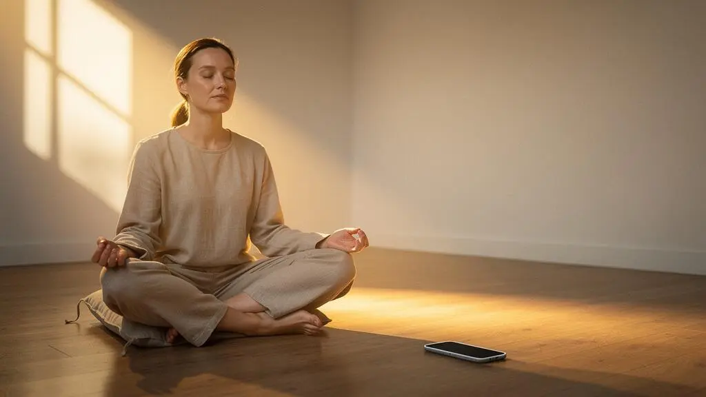 Une personne assise en tailleur dans une lumière douce, tenant un smartphone face cachée, symbolisant le choix entre deux chemins de méditation