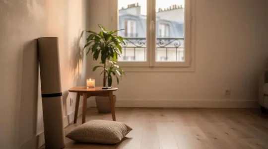 Coin yoga épuré et lumineux amenagé dans un angle d'un studio parisien de 20m2, avec tapis roulé, coussin et lumière douce filtrant par la fenêtre
