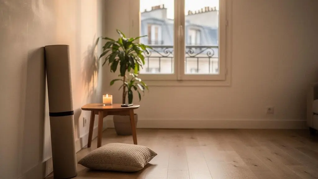 Coin yoga épuré et lumineux amenagé dans un angle d'un studio parisien de 20m2, avec tapis roulé, coussin et lumière douce filtrant par la fenêtre