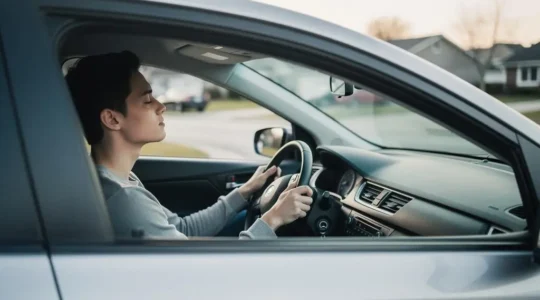 Jeune conducteur pratiquant une respiration calme avant son examen du permis de conduire