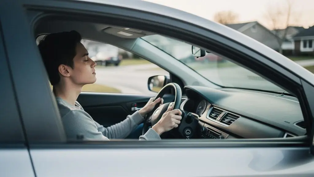 Jeune conducteur pratiquant une respiration calme avant son examen du permis de conduire