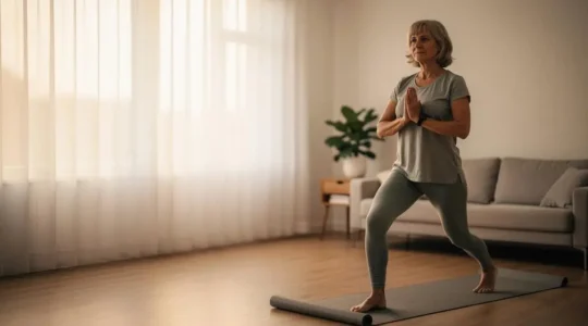 Femme de la cinquantaine pratiquant seule une posture de yoga dans un intérieur lumineux et épuré, symbole de reconstruction personnelle.