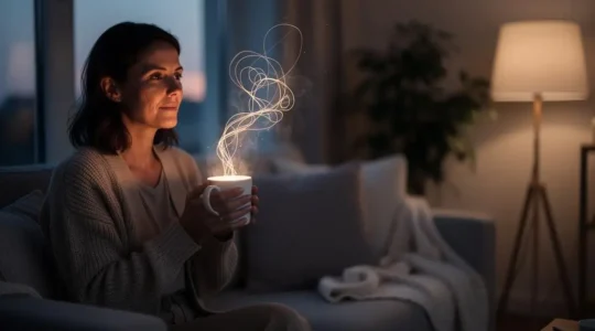 Une femme relâche mentalement le poids invisible de sa semaine lors d'un rituel apaisant du dimanche soir