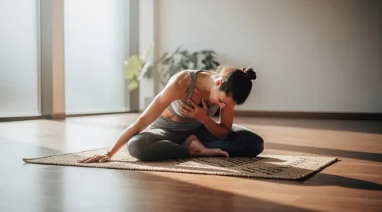Silhouette en posture du pigeon sur un tapis de yoga, symbolisant le lien entre l'ouverture des hanches et la libération émotionnelle