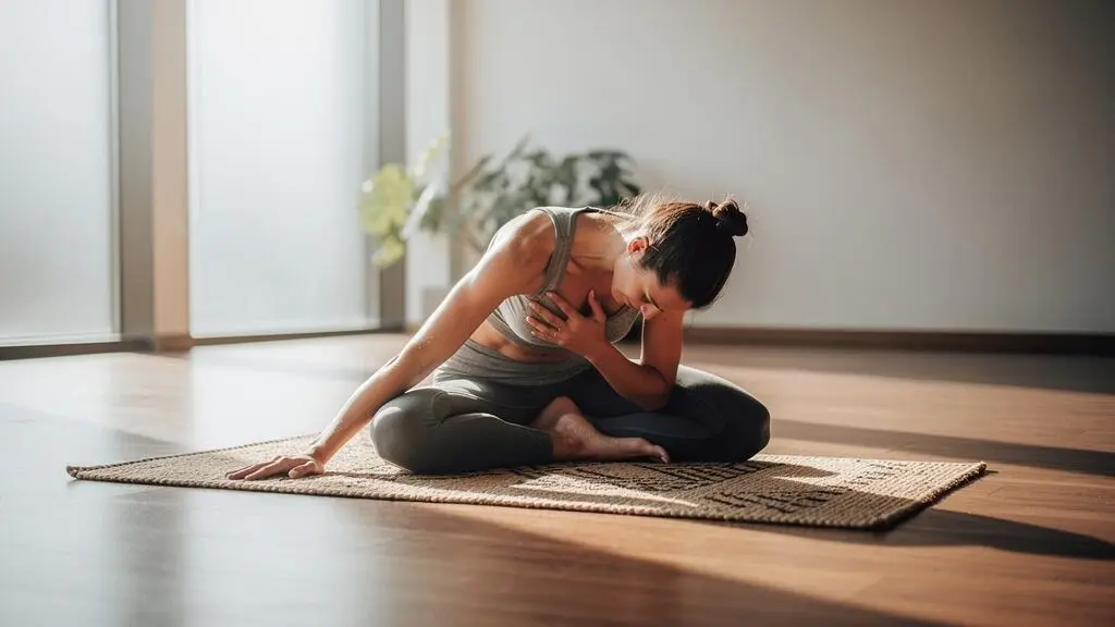 Silhouette en posture du pigeon sur un tapis de yoga, symbolisant le lien entre l'ouverture des hanches et la libération émotionnelle