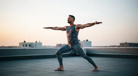 Homme pratiquant une posture de yoga au lever du jour, incarnant calme et force intérieure plutôt que la souplesse physique
