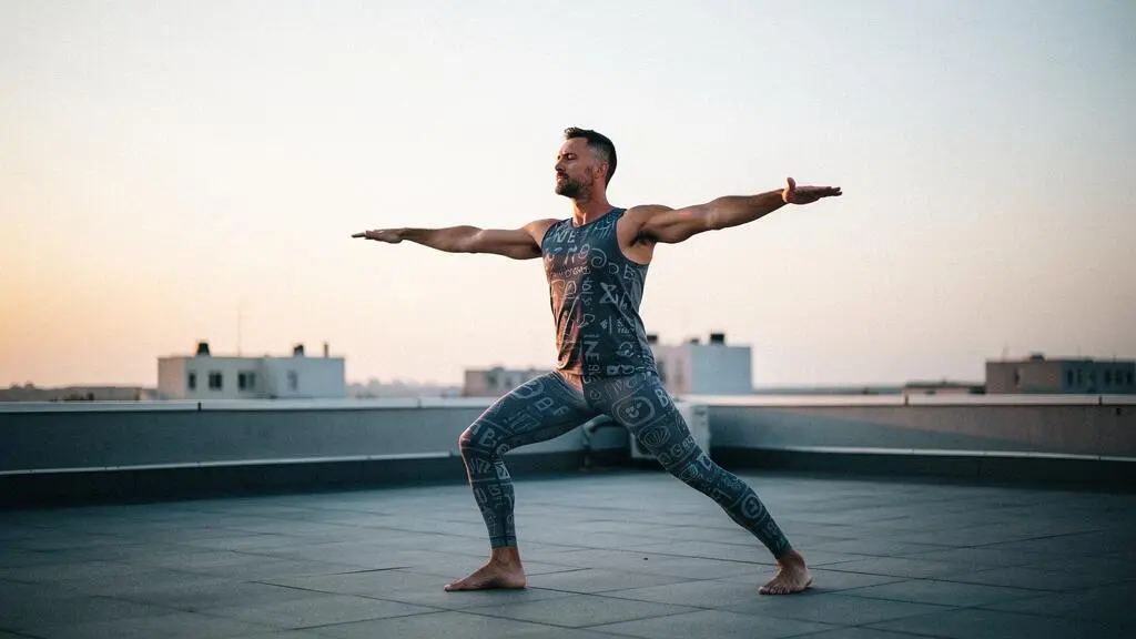 Homme pratiquant une posture de yoga au lever du jour, incarnant calme et force intérieure plutôt que la souplesse physique