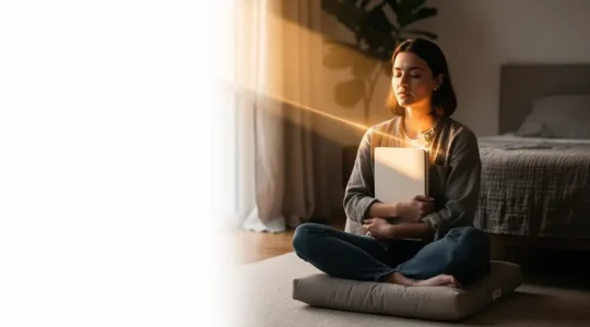 Personne assise en tailleur près d'une fenêtre, carnet fermé sur les genoux, dans une lumière douce du matin évoquant l'introspection du shadow work