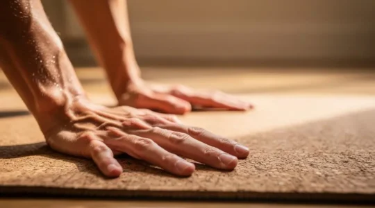 Gros plan artistique sur des mains en appui sur un tapis de yoga, illustrant la recherche du bon revêtement antidérapant en période de chaleur estivale