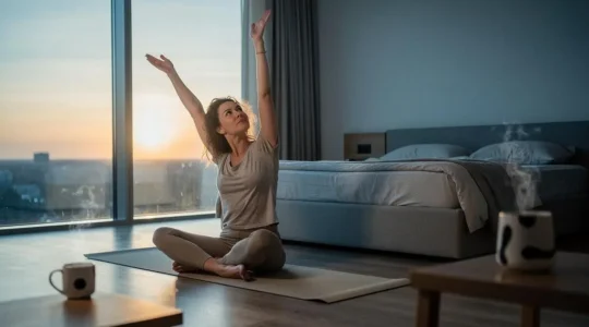Femme pratiquant une posture de yoga douce pres d'une fenetre a l'aube, lumiere naturelle et ambiance sereine
