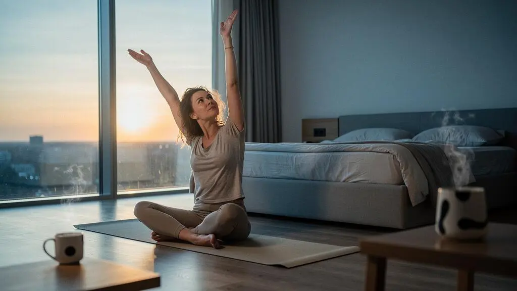 Femme pratiquant une posture de yoga douce pres d'une fenetre a l'aube, lumiere naturelle et ambiance sereine