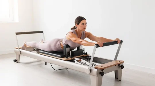 Adulte pratiquant un exercice de Pilates sur reformer, illustrant le renforcement du plancher pelvien pour le bien-être intime