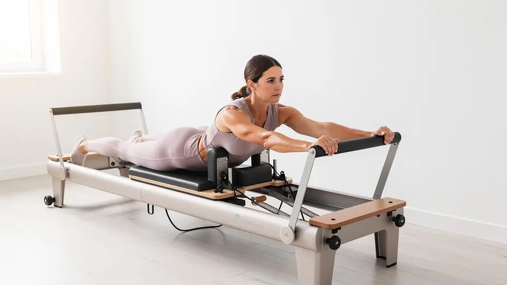 Adulte pratiquant un exercice de Pilates sur reformer, illustrant le renforcement du plancher pelvien pour le bien-être intime