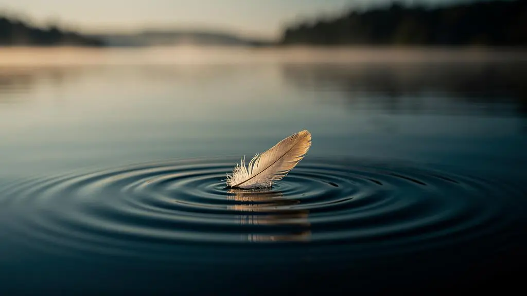 Une plume flottant sur une eau parfaitement calme, symbole visuel de la respiration lente et du calme interieur