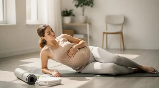 Jeune mère pratiquant un exercice de respiration au sol dans une lumière douce, symbolisant une reprise du sport en douceur après l'accouchement