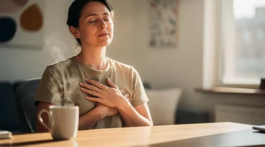 Une personne au bureau ferme les yeux et pratique une respiration profonde, une tasse de café floue et intacte en arrière-plan symbolisant une alternative énergisante naturelle