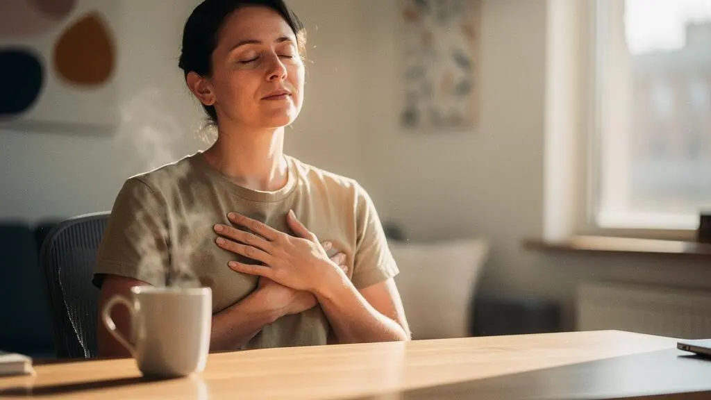 Une personne au bureau ferme les yeux et pratique une respiration profonde, une tasse de café floue et intacte en arrière-plan symbolisant une alternative énergisante naturelle